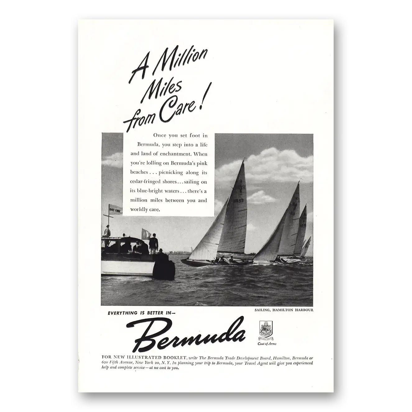 1947 Bermuda Million Miles to Care Hamilton Harbour Vintage Magazine Print Ad