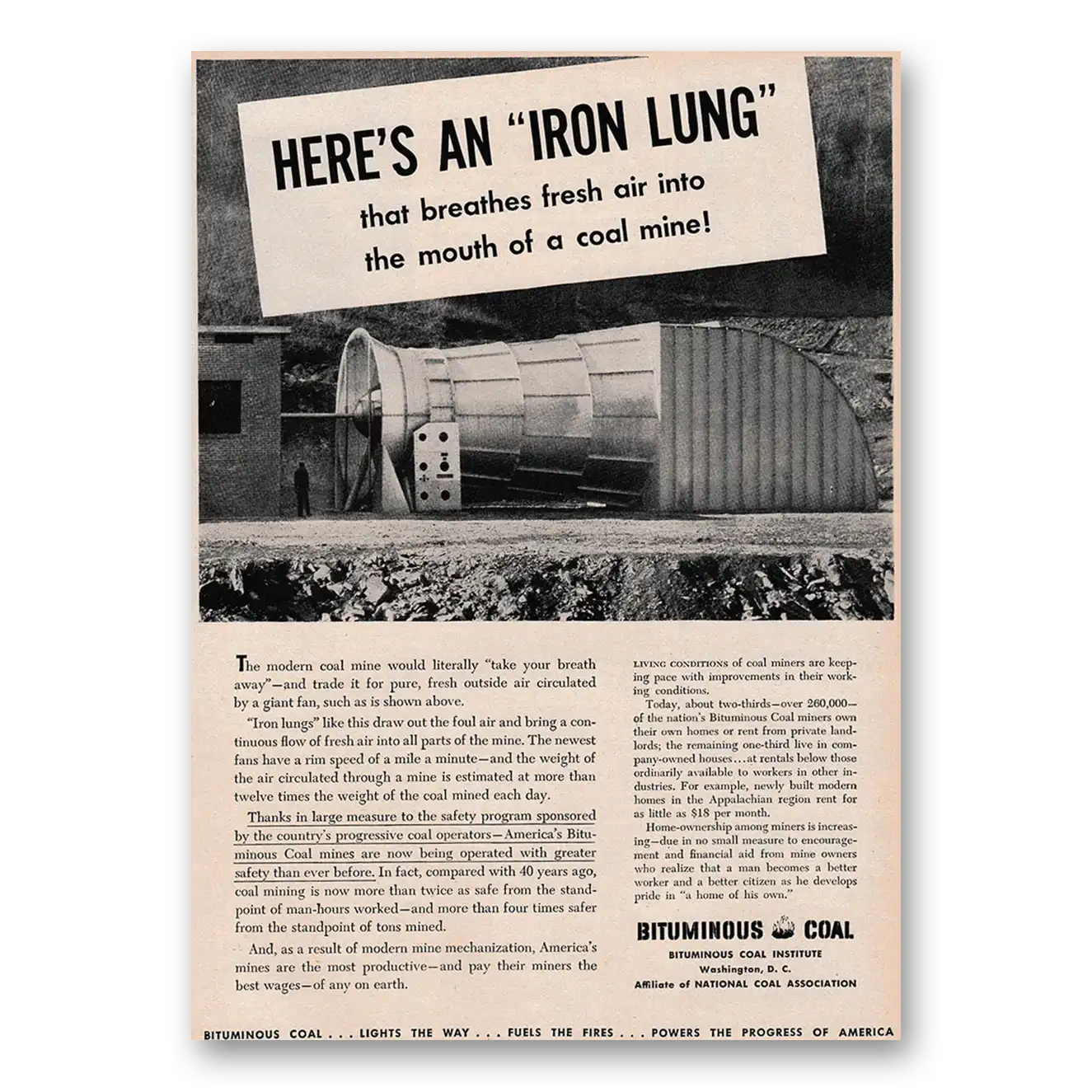 1947 Bituminous Coal Iron Lung Breathes Fresh Air Vintage Magazine Print Ad