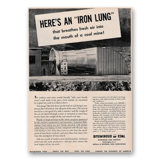 1947 Bituminous Coal Iron Lung Breathes Fresh Air Vintage Magazine Print Ad