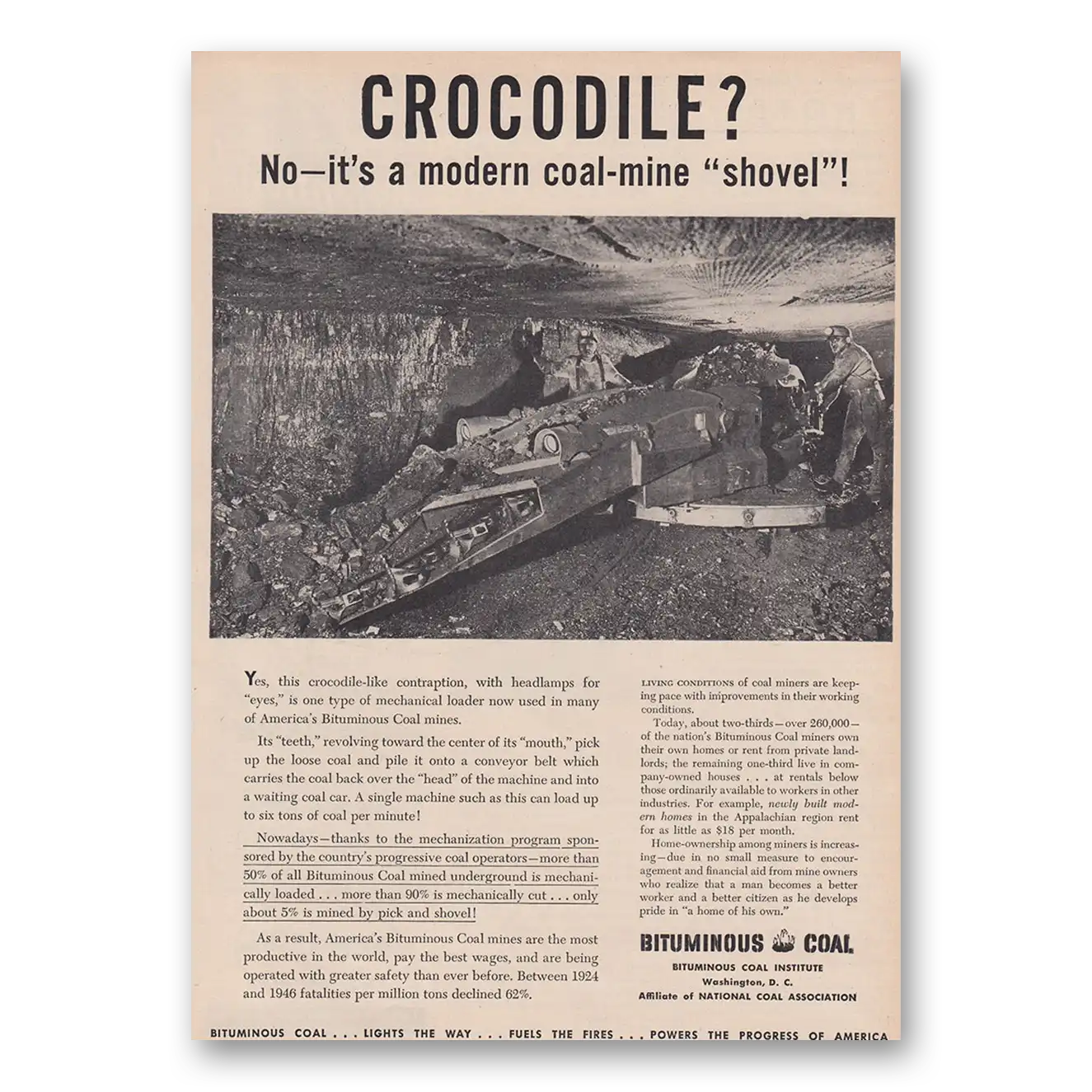 1947 Bituminous Coal Crocodile No It’s a Modern Coal Mine Shovel Vintage Magazine Print Ad