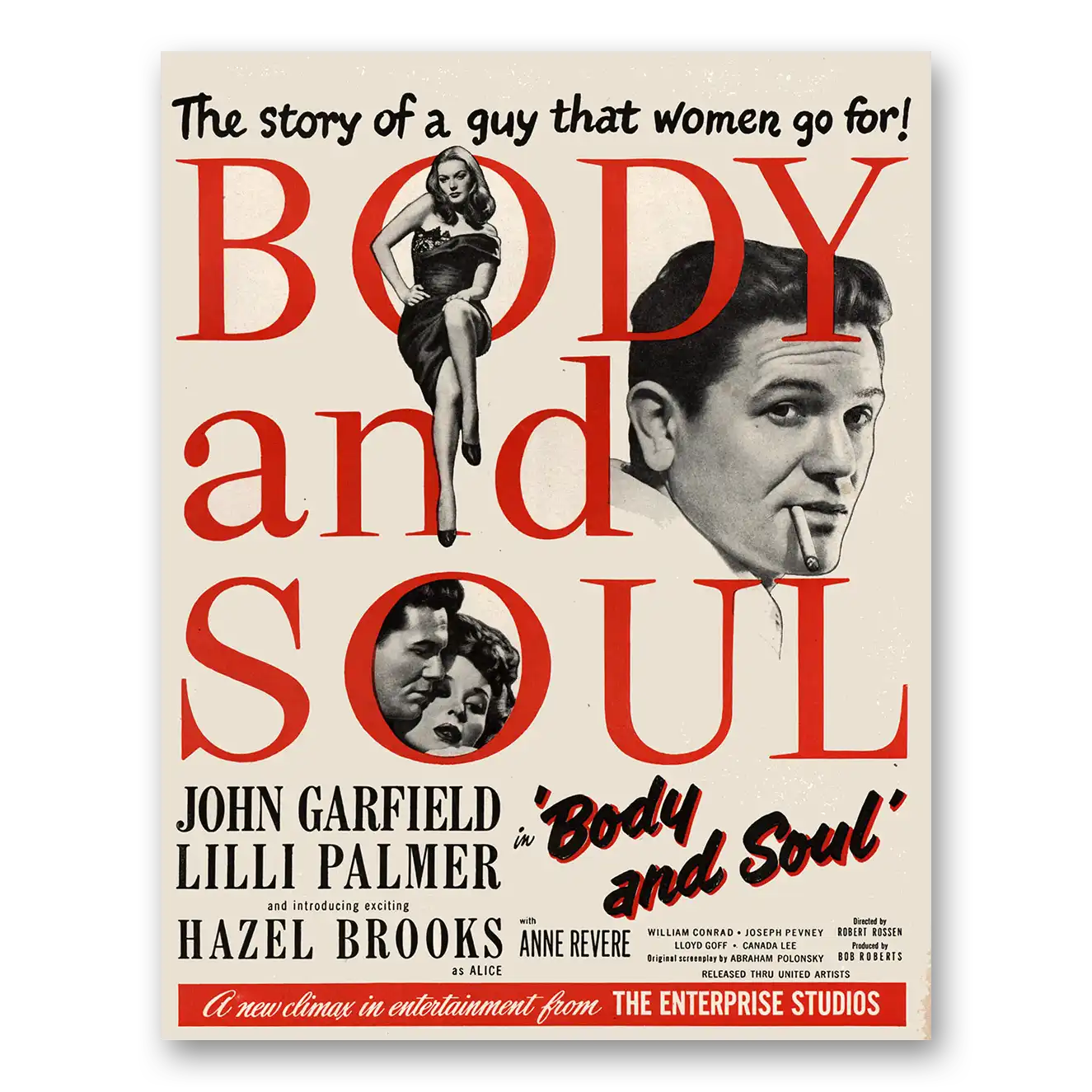 1947 Body and Soul Movie Promo John Garfield and Lilli Palmer Vintage Magazine Print Ad