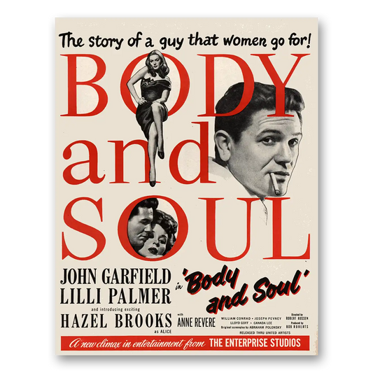 1947 Body and Soul Movie Promo John Garfield and Lilli Palmer Vintage Magazine Print Ad