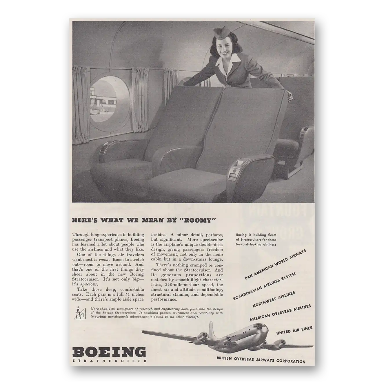 1947 Boeing Stratocruiser Heres What We Mean By Roomy Vintage Magazine Print Ad