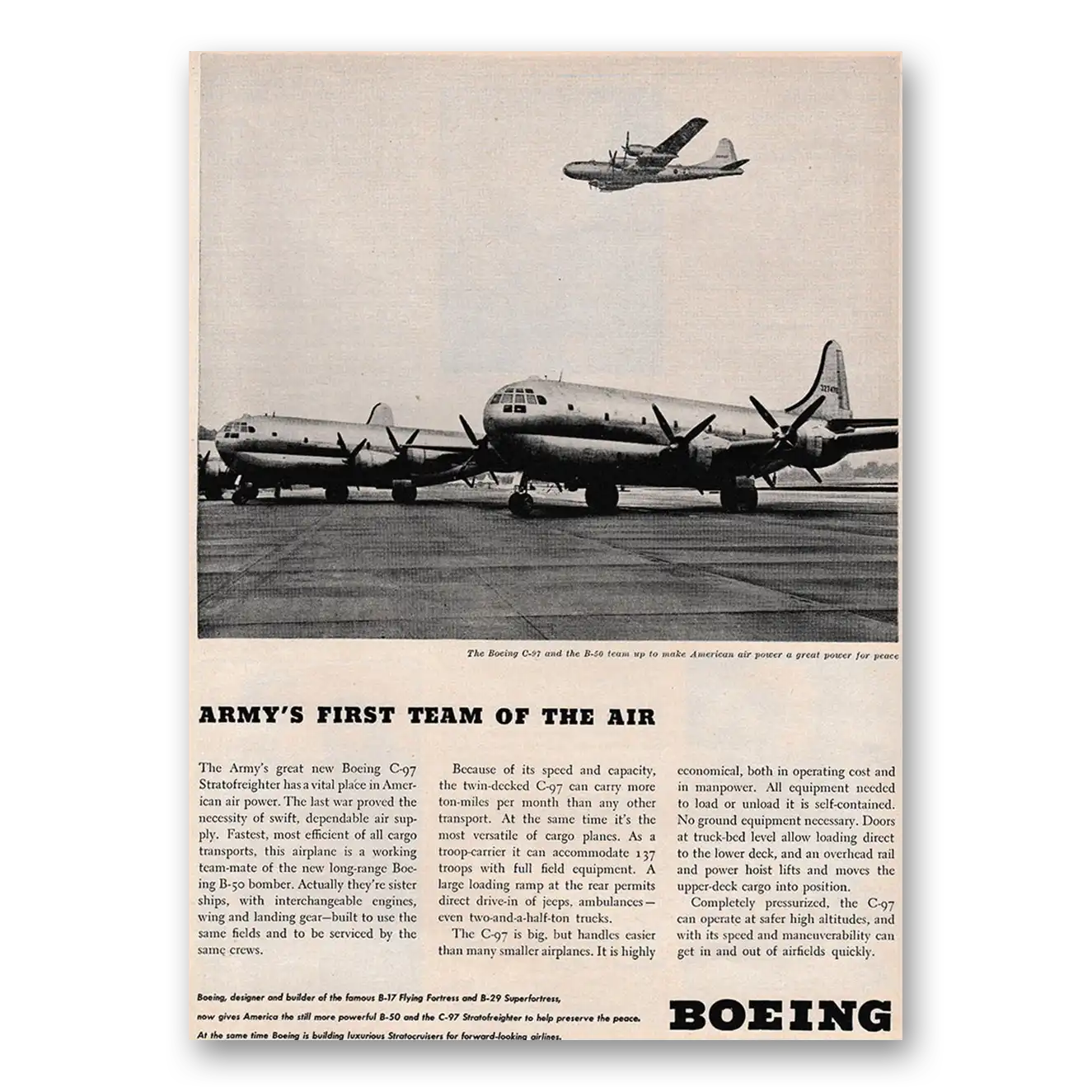 1947 Boeing Stratofreighter Army's First Team of the Air Vintage Magazine Print Ad