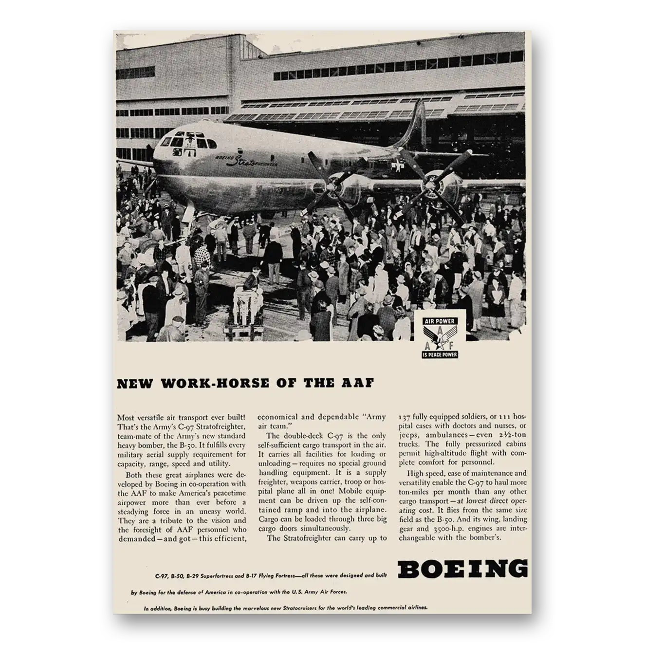 1947 Boeing Stratofreighter New Work Horse of the AAF Vintage Magazine Print Ad