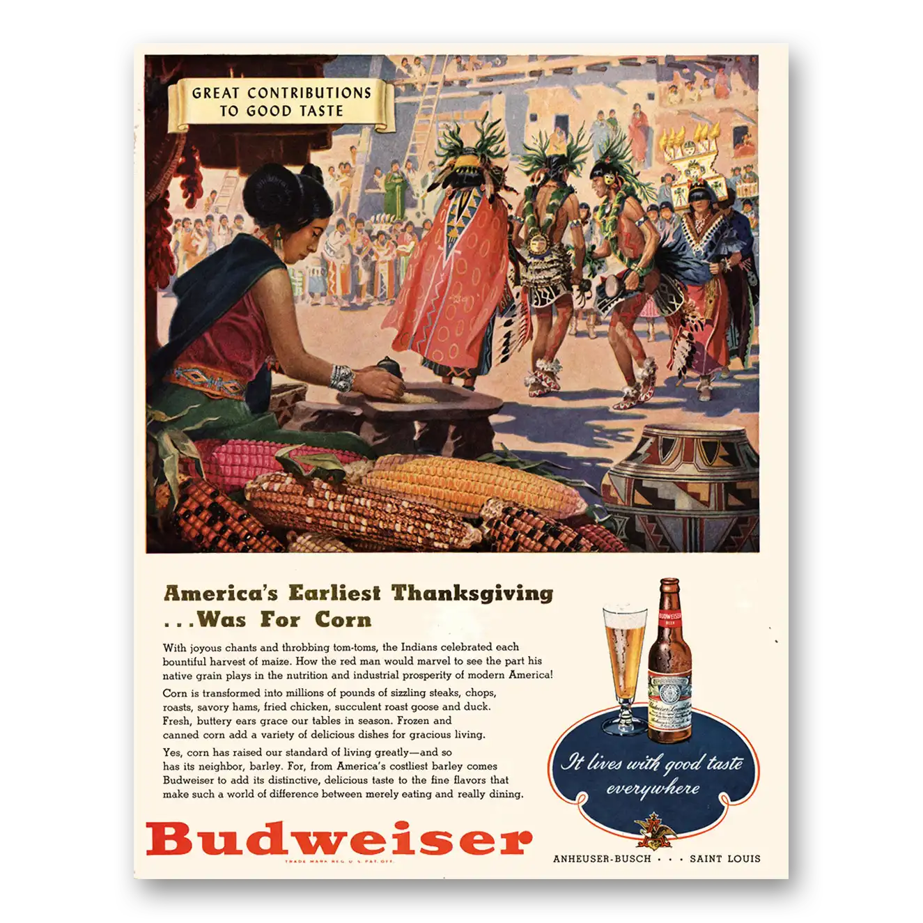 1947 Budweiser Beer Americas Earliest Thanksgiving Was for Corn Vintage Magazine Print Ad