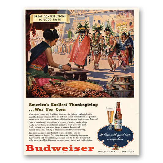 1947 Budweiser Beer Americas Earliest Thanksgiving Was for Corn Vintage Magazine Print Ad