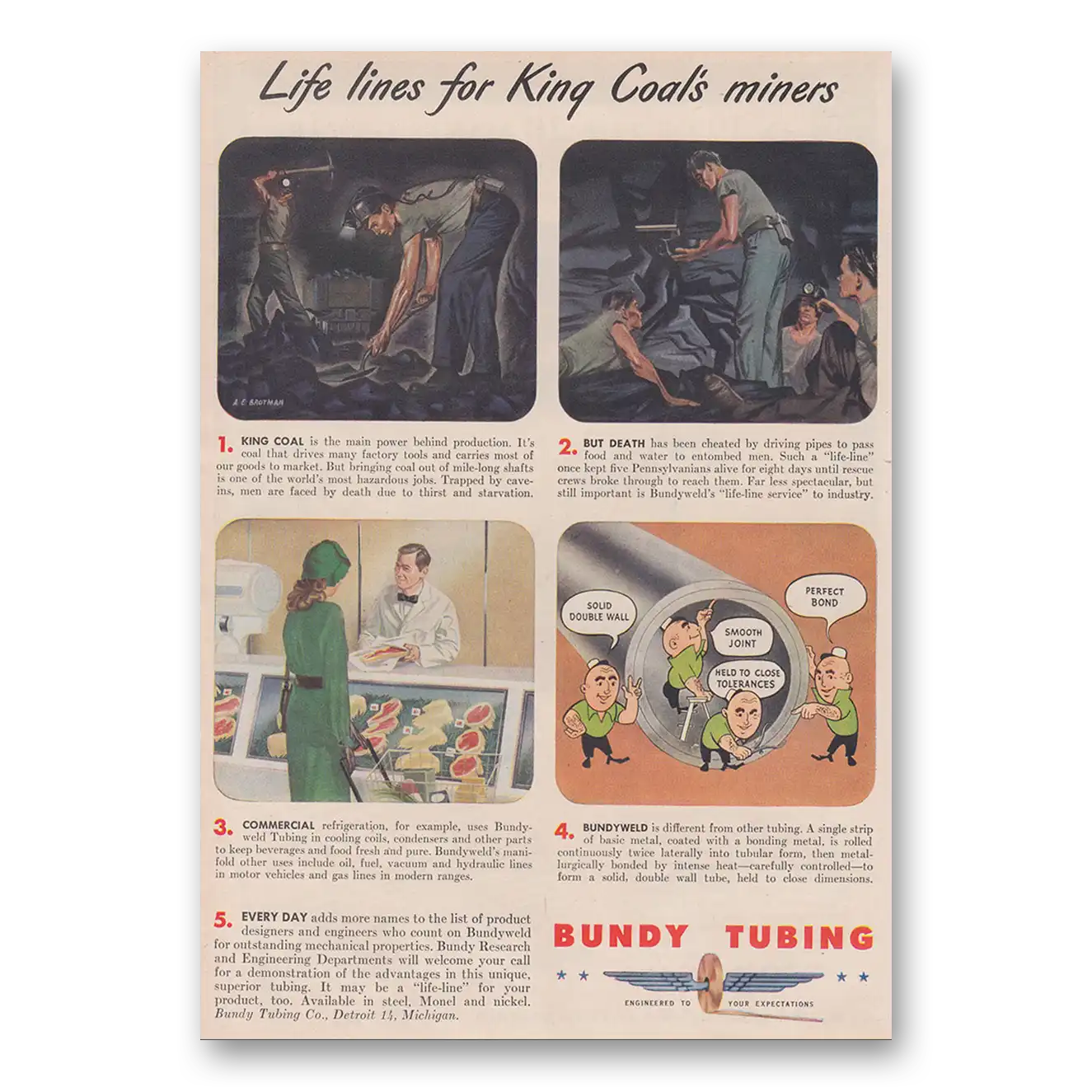 1947 Bundy Tubing Life Lines for King Coals Miners Vintage Magazine Print Ad