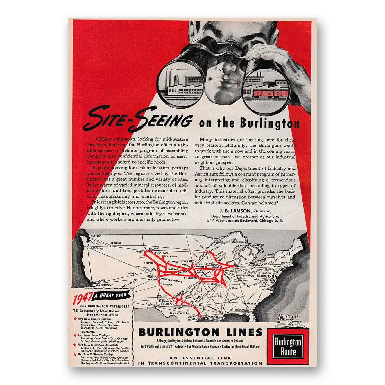 1947 Burlington Route Site Seeing On the Burlington Vintage Magazine Print Ad