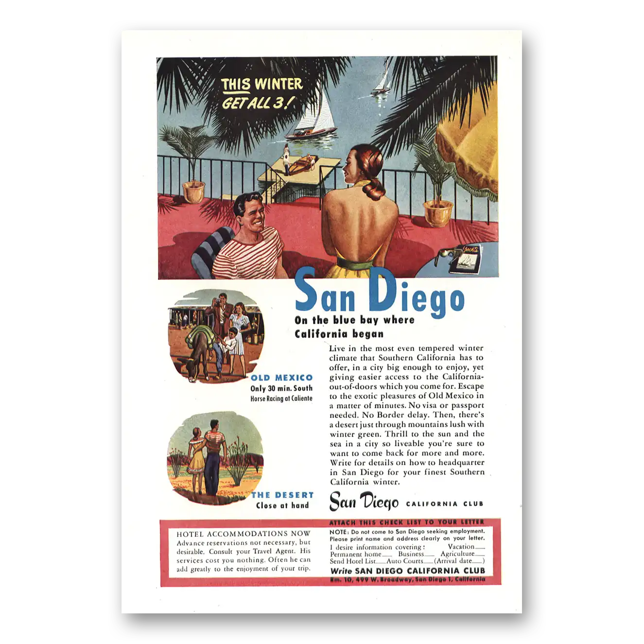 1947 San Diego California Blue Bay Where California Began Vintage Magazine Print Ad