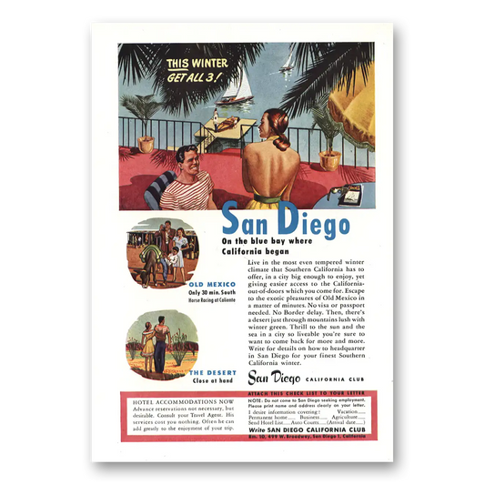 1947 San Diego California Blue Bay Where California Began Vintage Magazine Print Ad