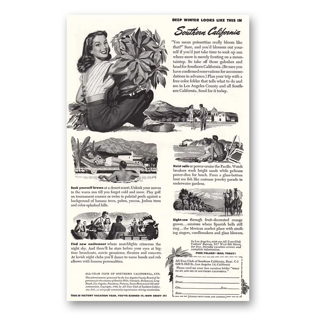 1947 Southern California Deep Winter Vintage Magazine Print Ad