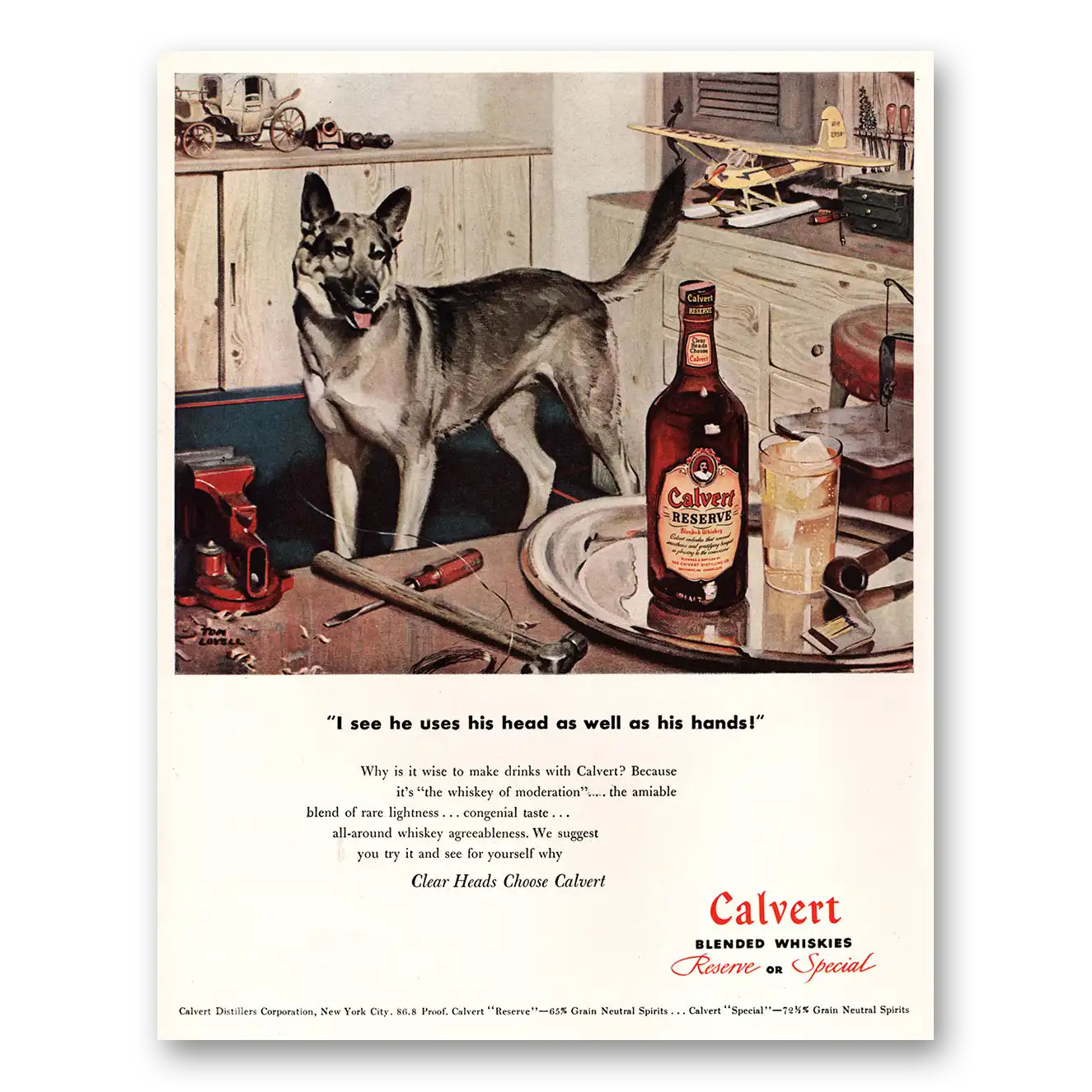 1947 Calvert Reserve I See He Uses His Head German Shep Vintage Magazine Print Ad