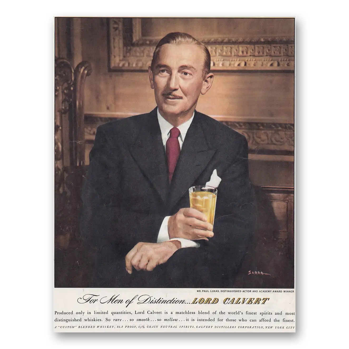 1947 Lord Calvert Whiskey Men of Distinction Paul Lukas Vintage Magazine Print Ad