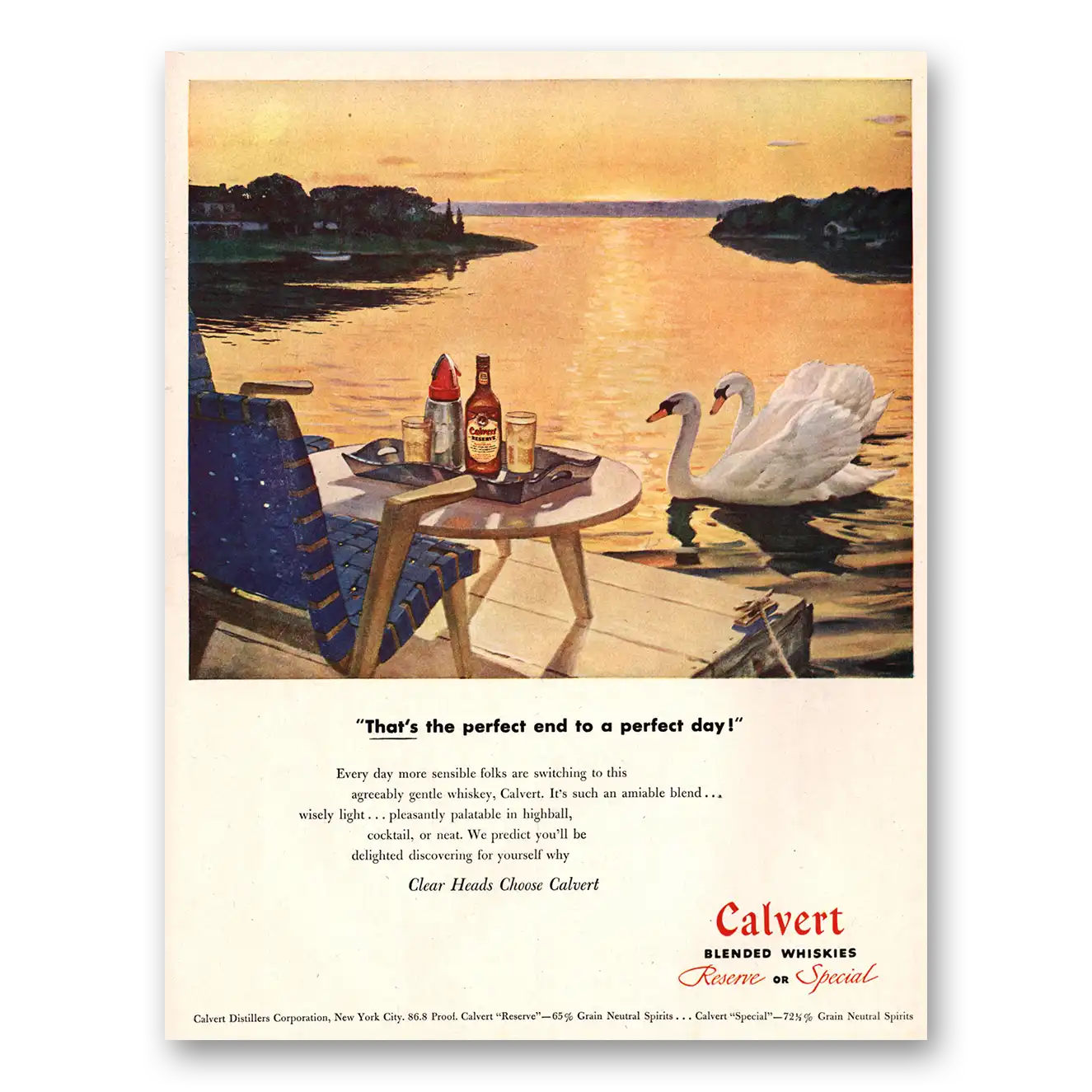 1947 Calvert Whiskey Perfect End to a Perfect Day Swans Vintage Magazine Print Ad