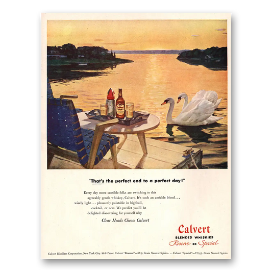 1947 Calvert Whiskey Perfect End to a Perfect Day Swans Vintage Magazine Print Ad