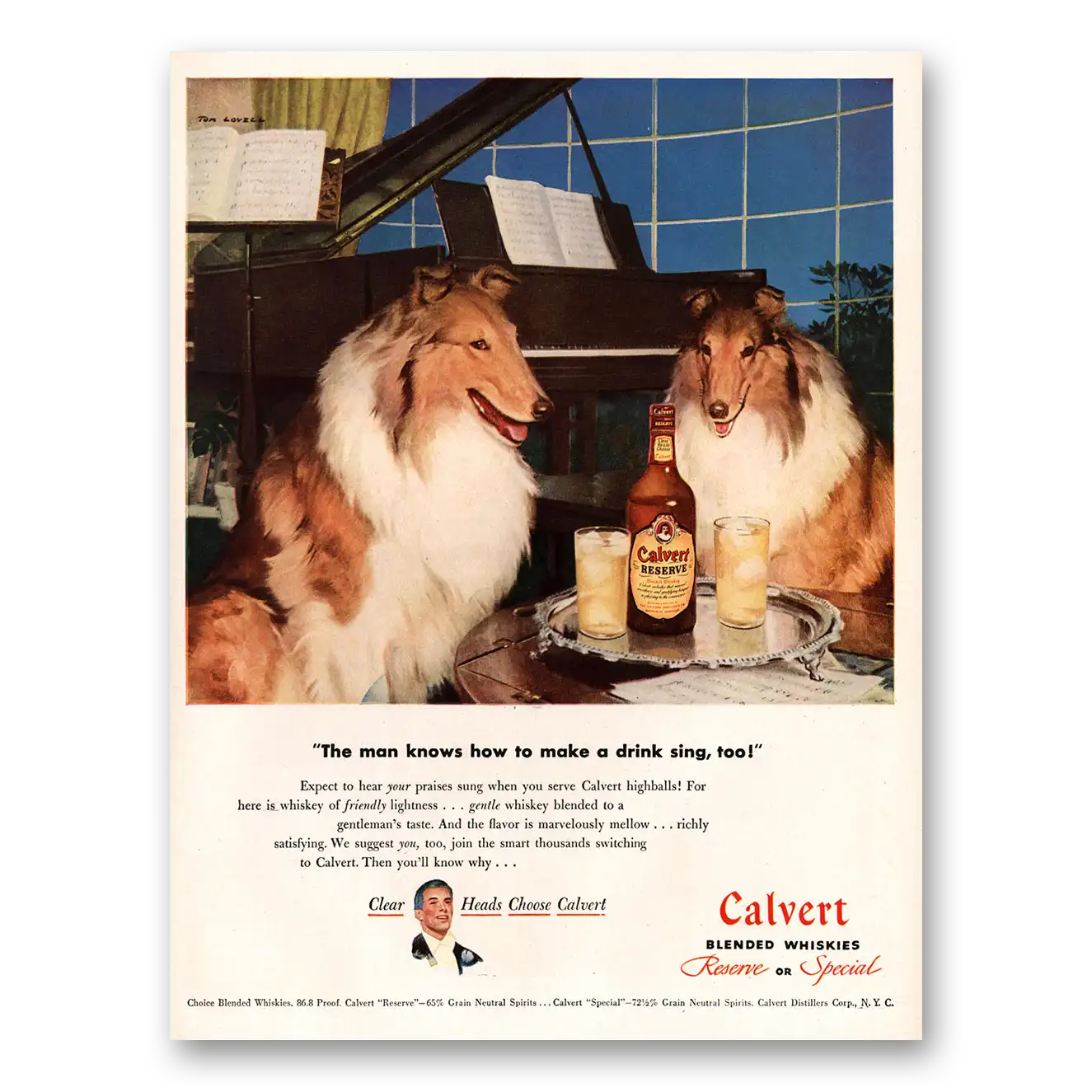 1947 Calvert Whiskey Man Knows How to Make Drink Sing Vintage Magazine Print Ad