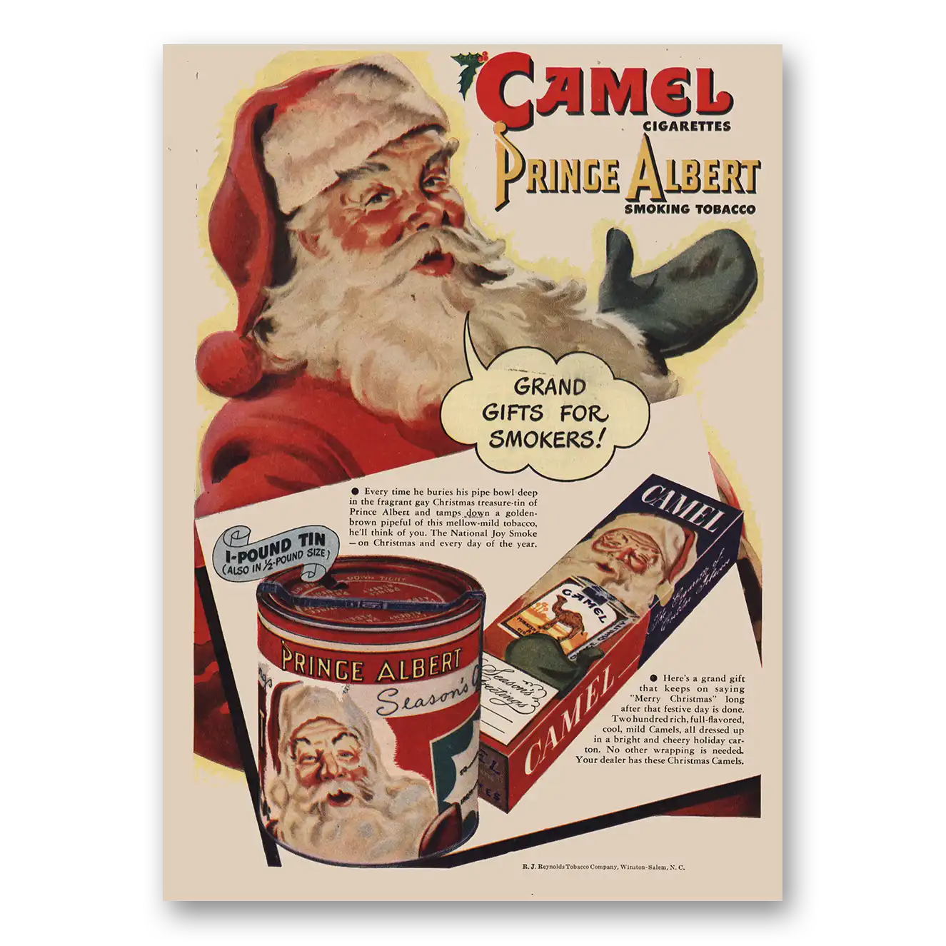 1947 Camel Cigarettes Santa Claus Grand Gifts Vintage Magazine Print Ad