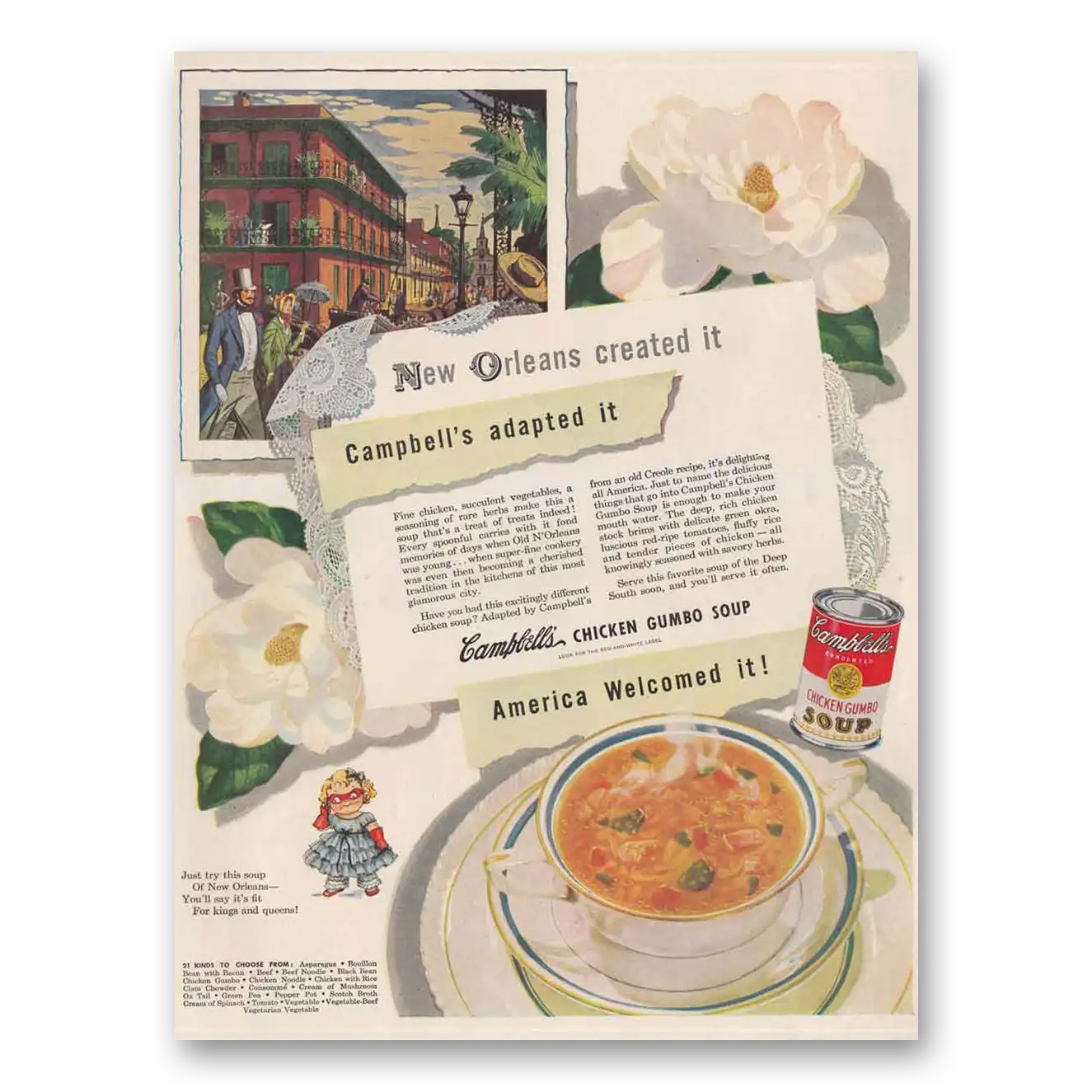 1947 Campbells Chicken Gumbo Soup New Orleans Created It Vintage Magazine Print Ad