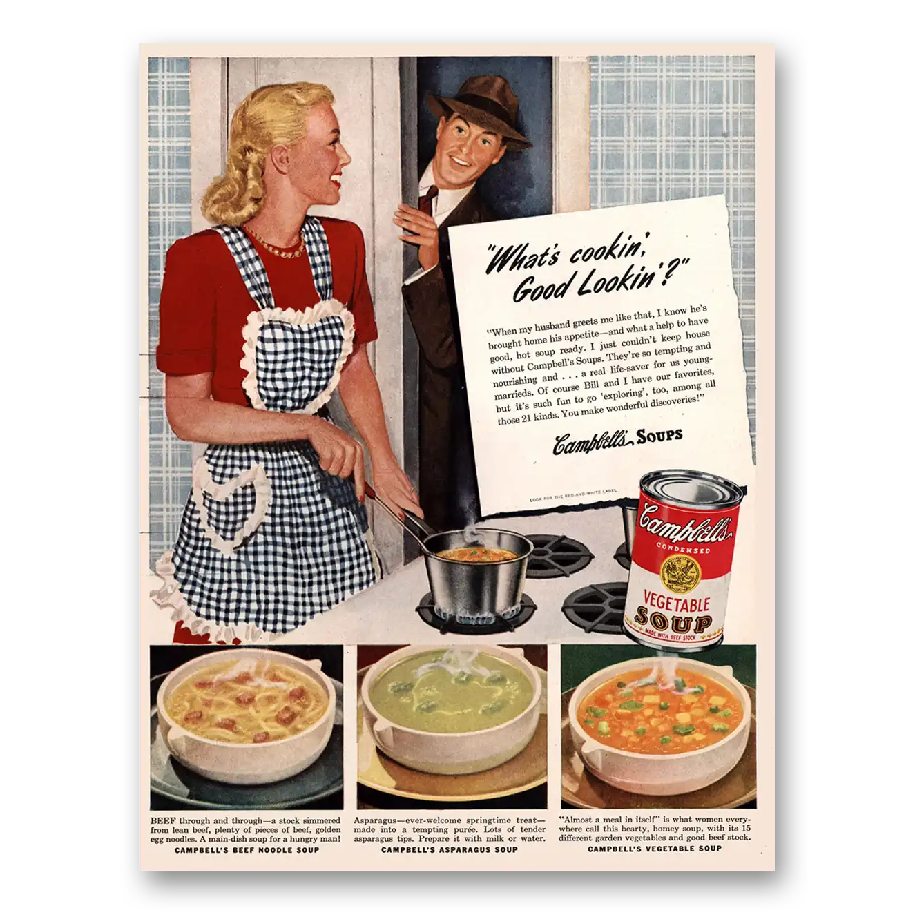 1947 Campbells Vegetable Soup Whats Cookin Good Lookin Vintage Magazine Print Ad