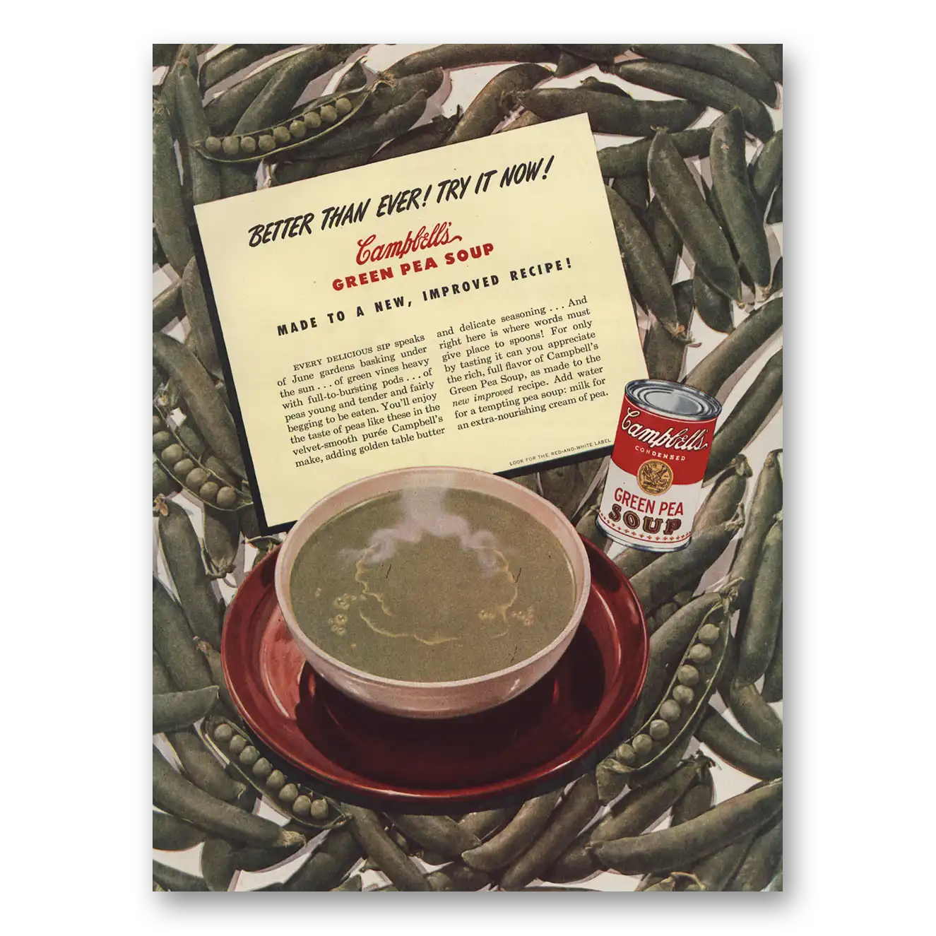 1947 Campbells Pea Soup Better Than Ever Vintage Magazine Print Ad