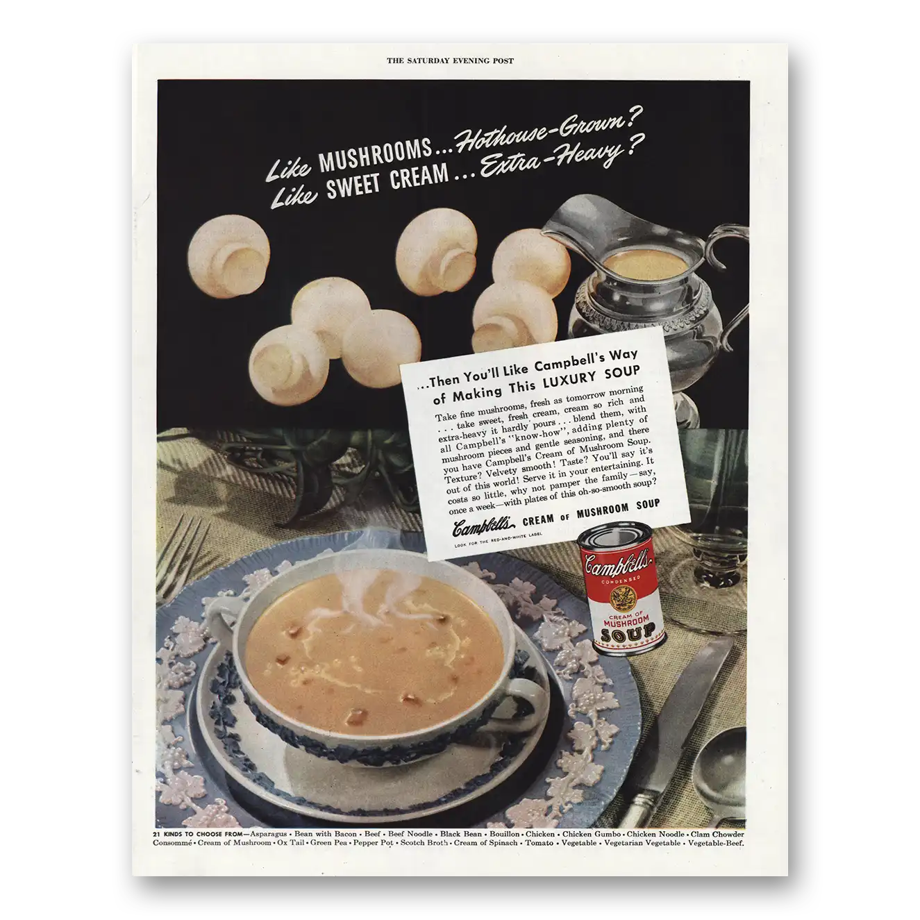 1948 Campbells Cream of Mushroom Soup Luxury Soup Vintage Magazine Print Ad