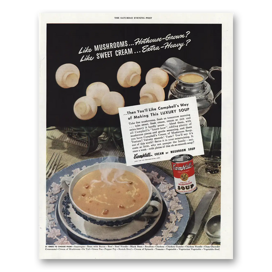 1948 Campbells Cream of Mushroom Soup Luxury Soup Vintage Magazine Print Ad