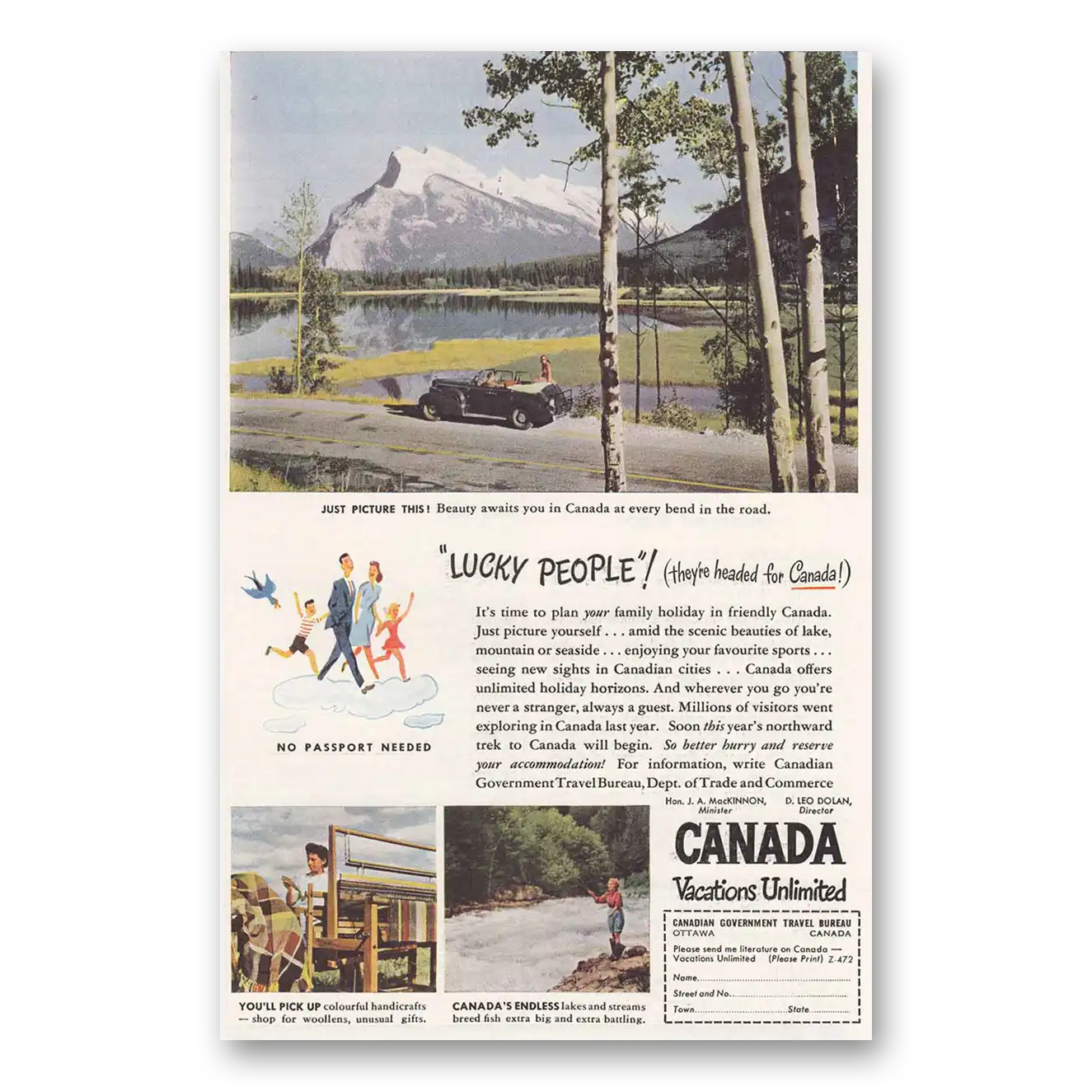 1947 Canada Vacations Unlimited Lucky People Vintage Magazine Print Ad