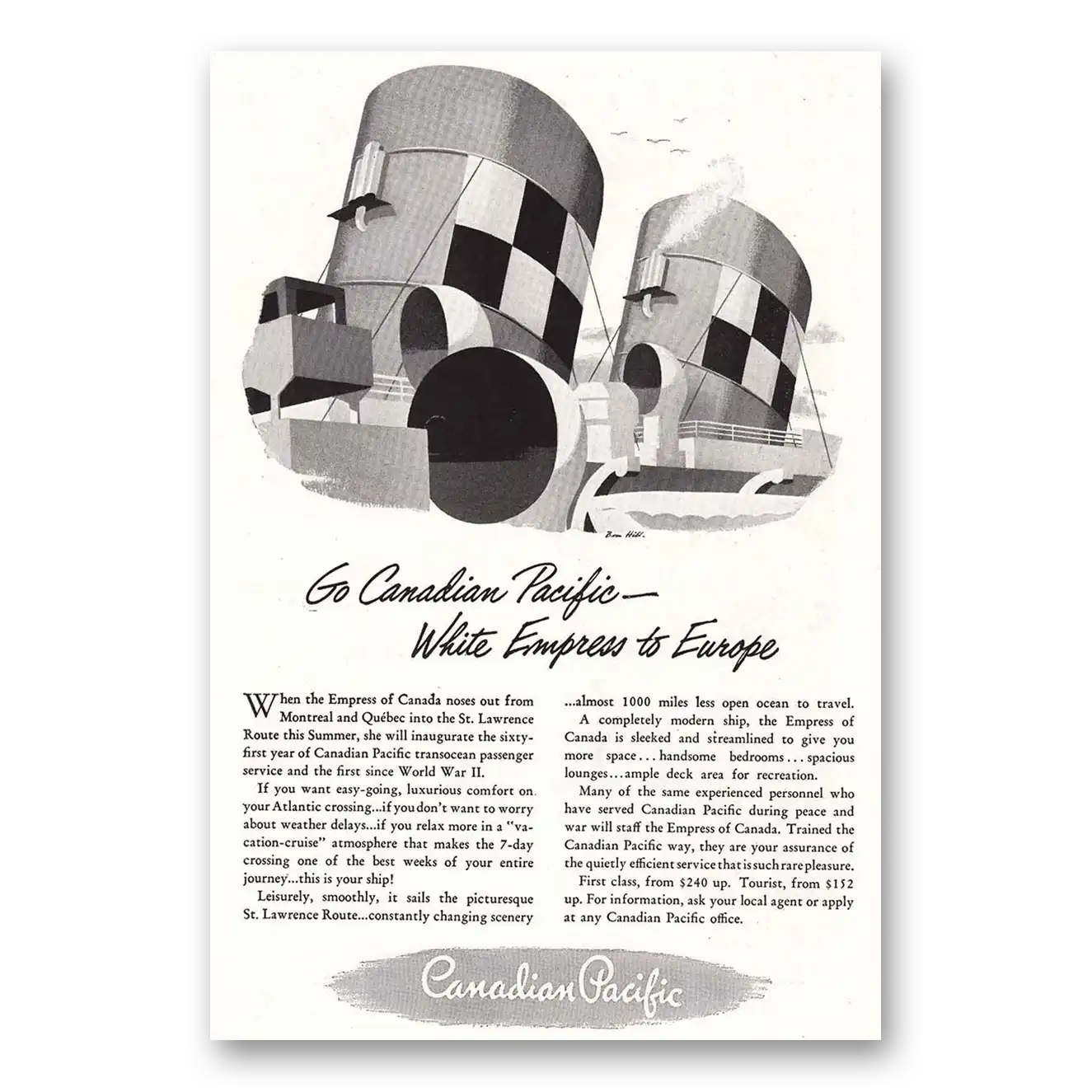 1947 Canadian Pacific White Empress to Europe Vintage Magazine Print Ad