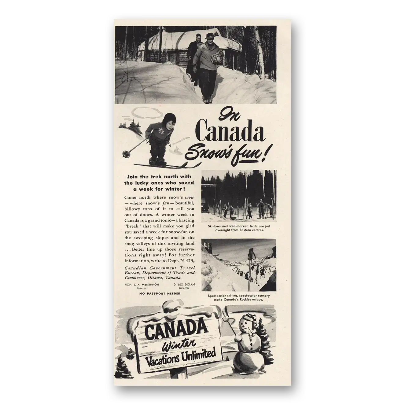 1947 Canada Snows Fun Winter Vacations Unlimited Vintage Magazine Print Ad