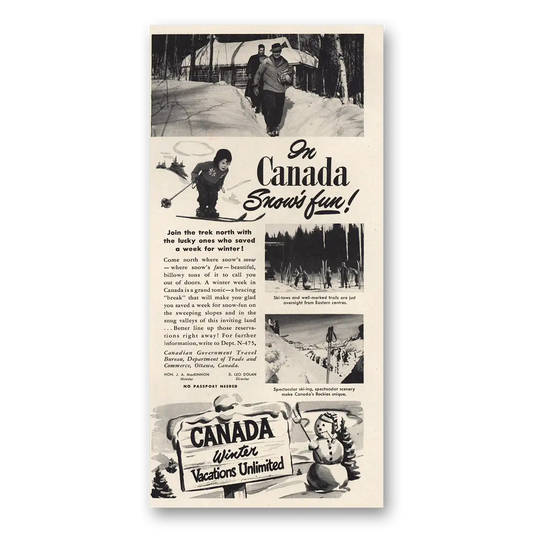 1947 Canada Snows Fun Winter Vacations Unlimited Vintage Magazine Print Ad