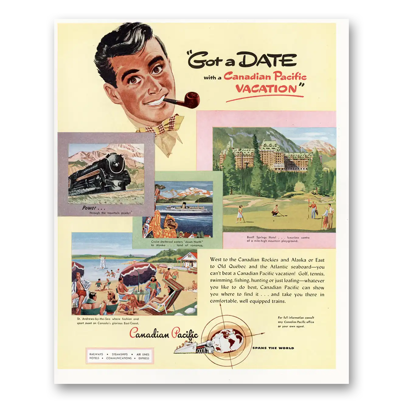 1947 Canadian Pacific Got a Date Vintage Magazine Print Ad