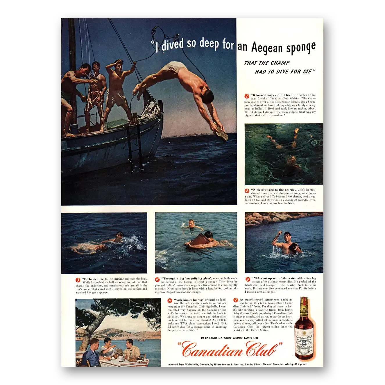 1947 Canadian Club Dived So Deep Aegean Sponge Vintage Magazine Print Ad