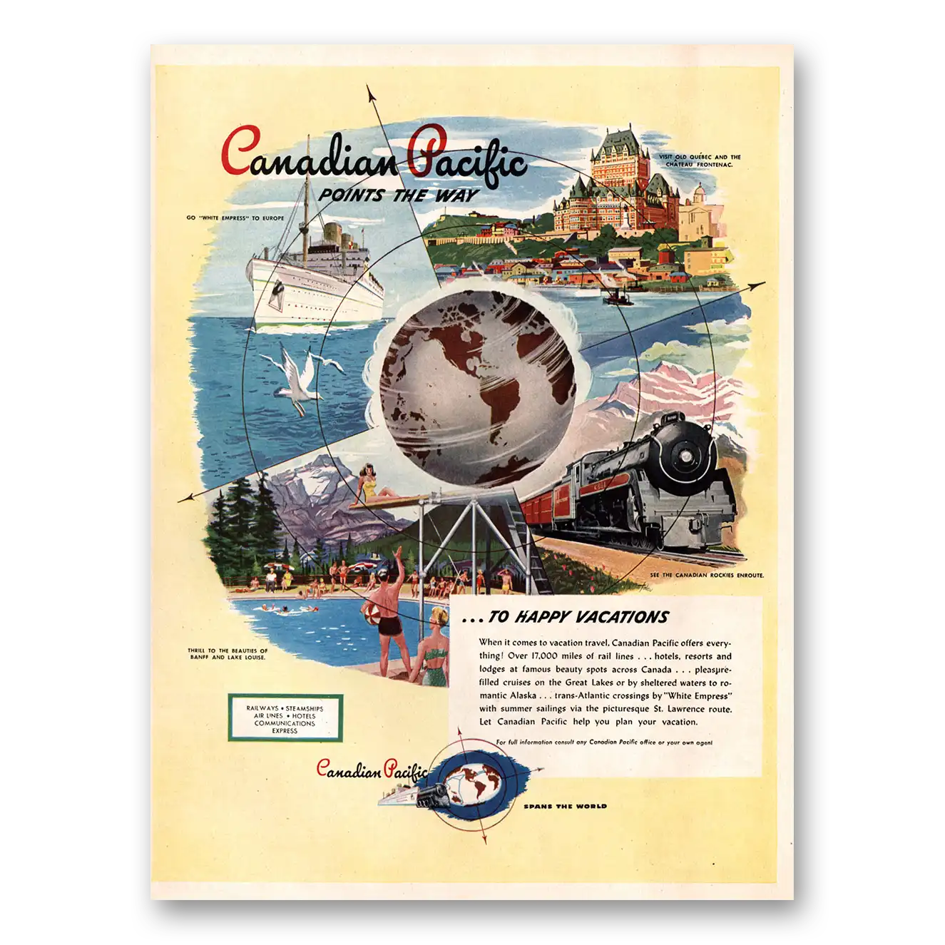 1947 Canadian Pacific Points the Way to Happy Vacations Vintage Magazine Print Ad