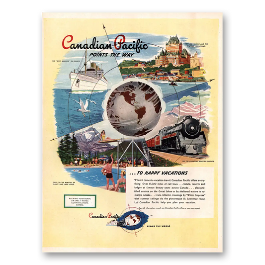 1947 Canadian Pacific Points the Way to Happy Vacations Vintage Magazine Print Ad