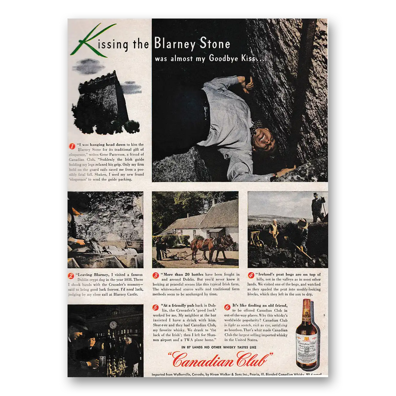 1947 Canadian Club Kissing the Blarney Stone Vintage Magazine Print Ad