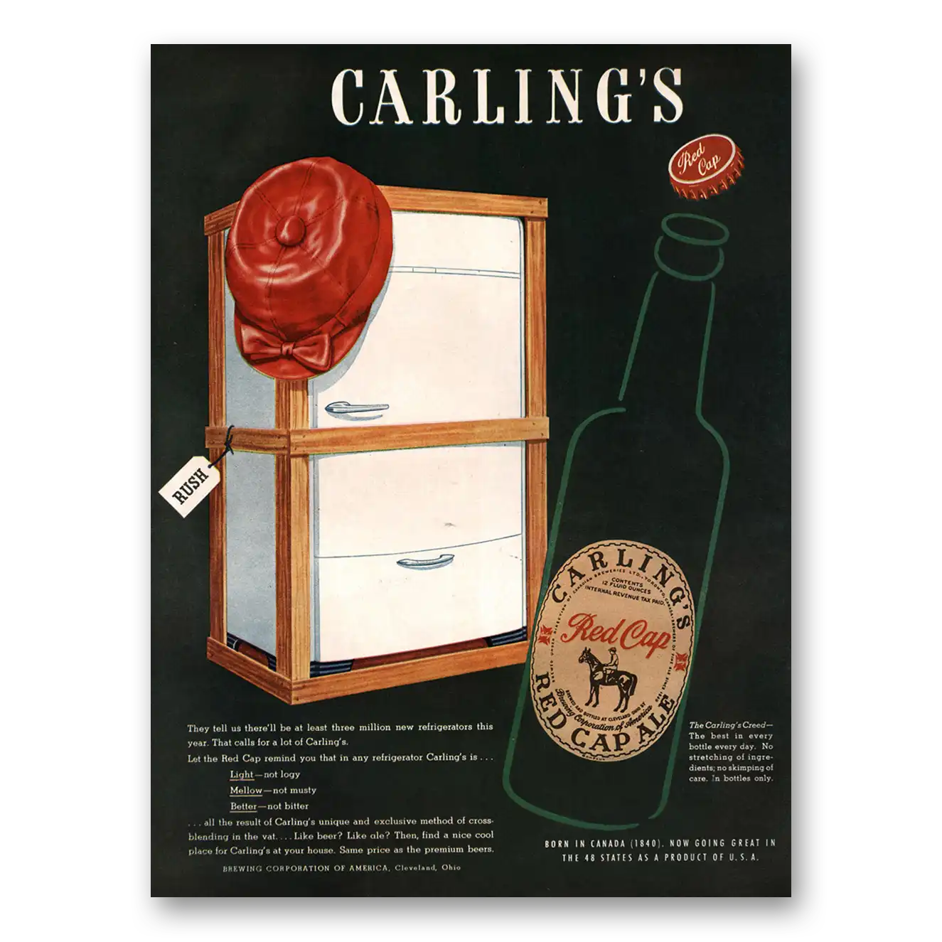 1947 Carlings Red Cap Ale Three Million New Refrigerators Vintage Magazine Print Ad