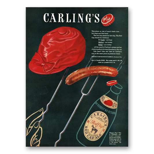 1947 Carlings Red Cap Ale Hot Dogs and Fine Brew Vintage Magazine Print Ad