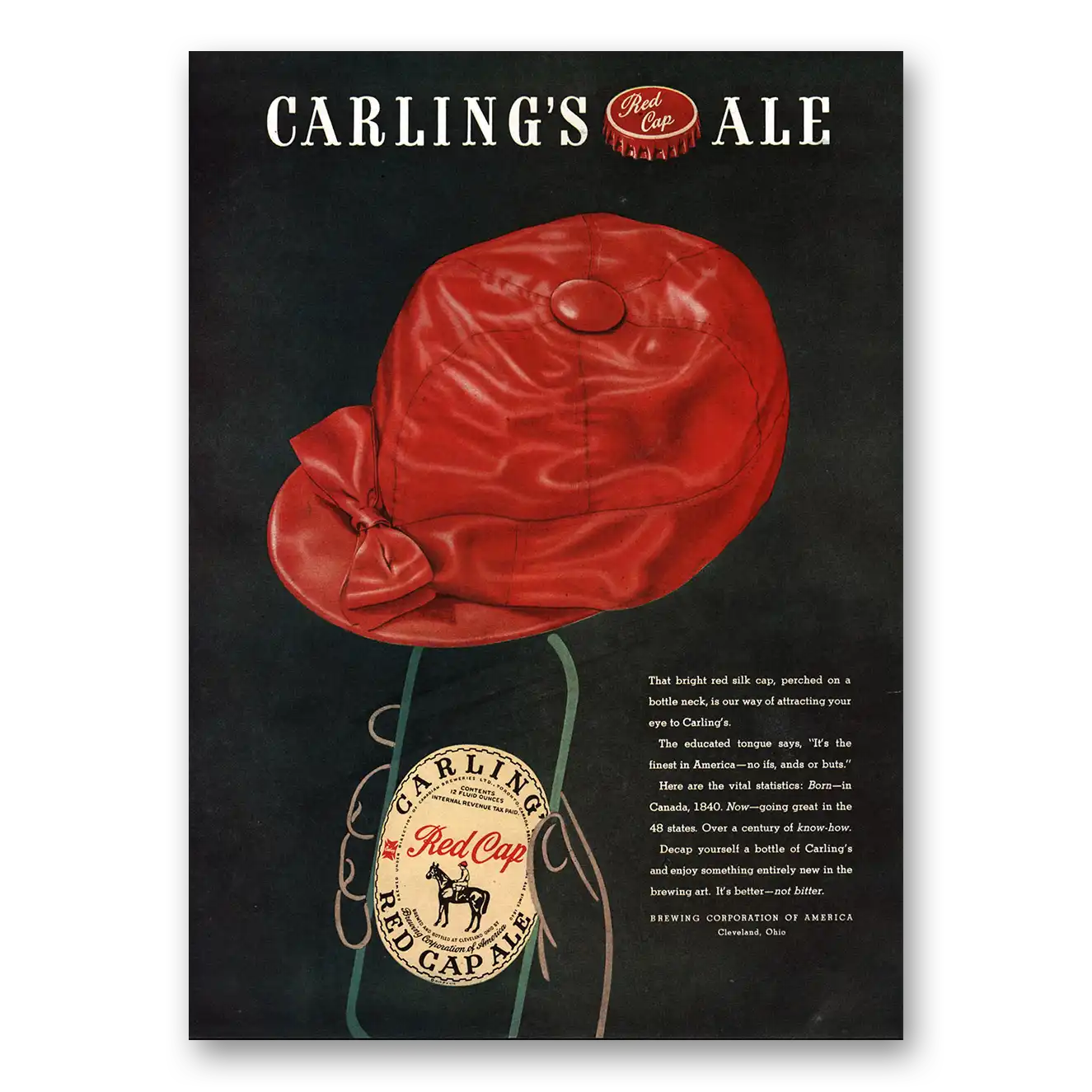 1947 Carlings Red Cap Ale Bright Red Silk Cap Perched On a Bottle Neck Vintage Magazine Print Ad