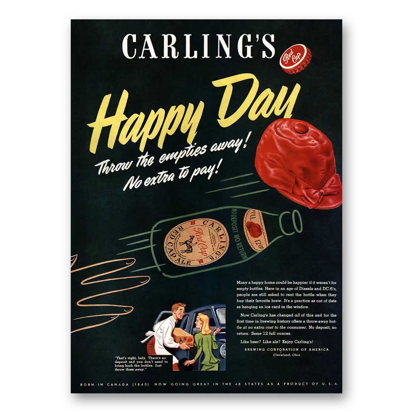 1947 Carlings Red Cap Ale Happy Day Throw Empties Away Vintage Magazine Print Ad