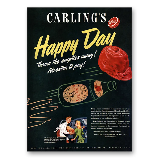 1947 Carlings Red Cap Ale Happy Day Throw Empties Away Vintage Magazine Print Ad