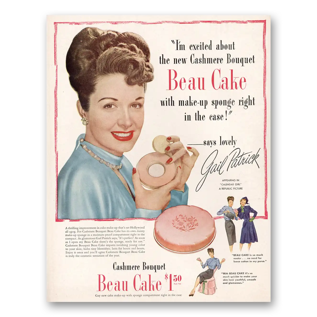 1947 Cashmere Bouquet Beau Cake Gail Patrick Vintage Magazine Print Ad