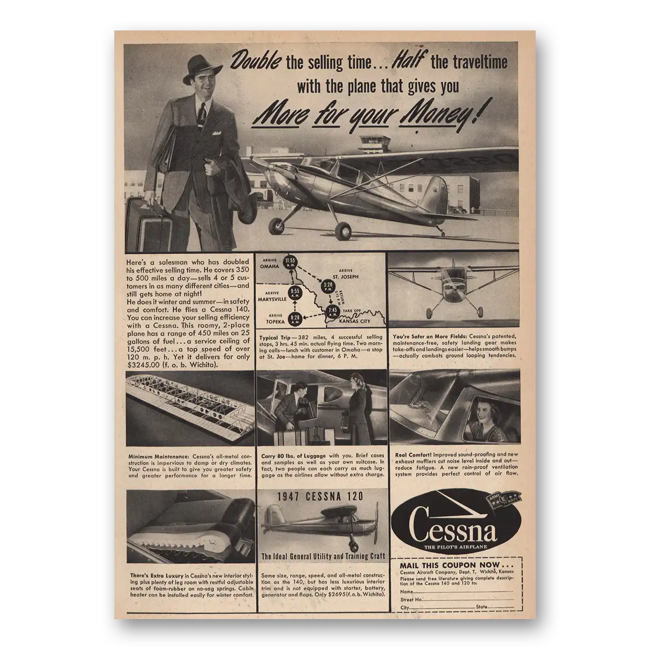 1947 Cessna 120 Double the Selling Time Vintage Magazine Print Ad