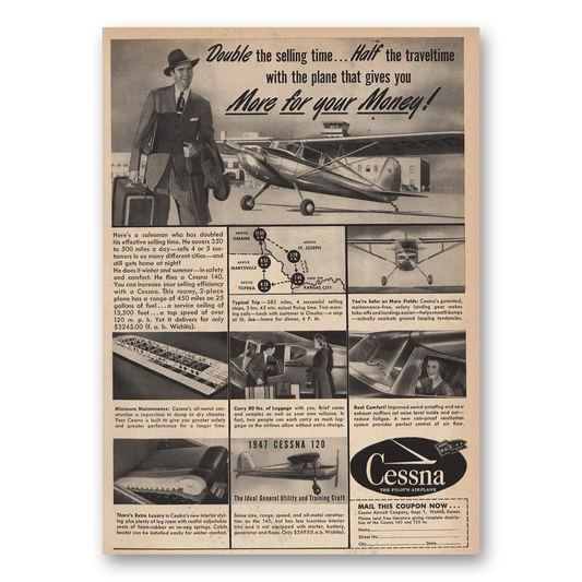 1947 Cessna 120 Double the Selling Time Vintage Magazine Print Ad