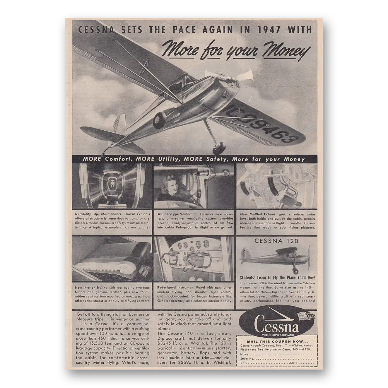 1947 Cessna 140 Sets the Pace Again in 1947 Vintage Magazine Print Ad