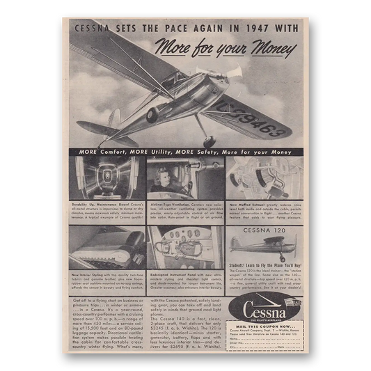 1947 Cessna 140 Sets the Pace Again in 1947 Vintage Magazine Print Ad