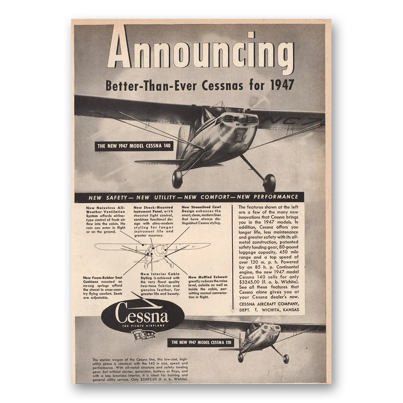 1947 Cessna Announcing Better Than Ever Vintage Magazine Print Ad