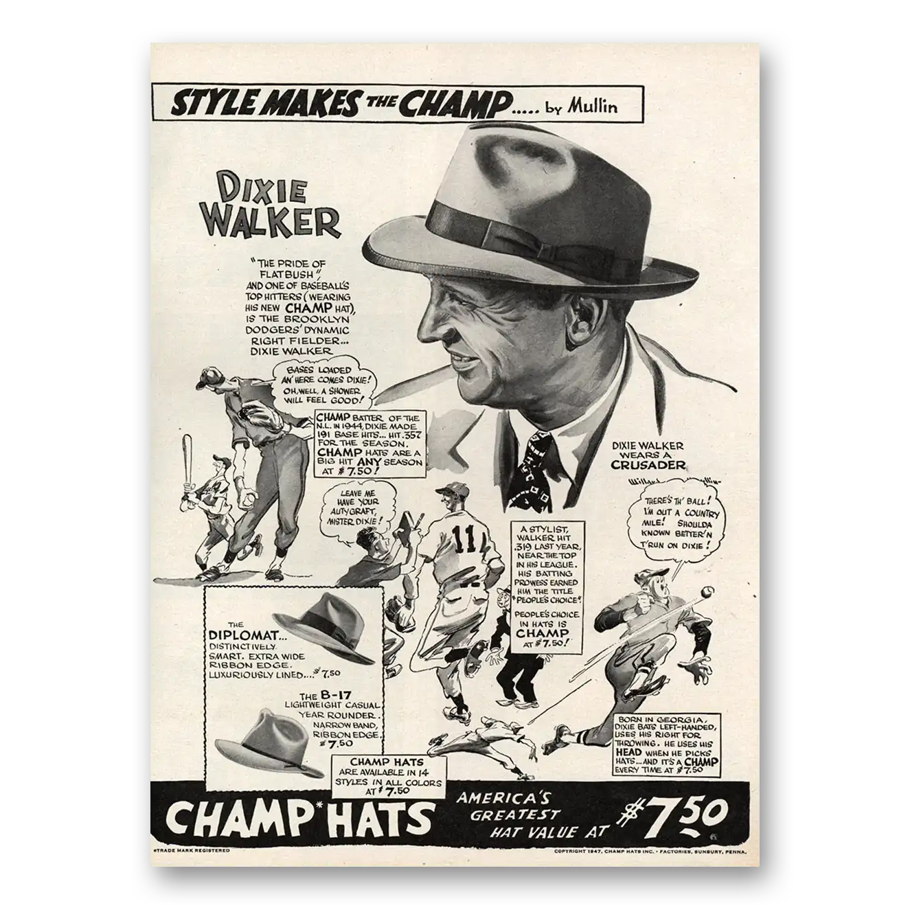 1947 Champ Hats Dixie Walker Style Makes the Champ Vintage Magazine Print Ad