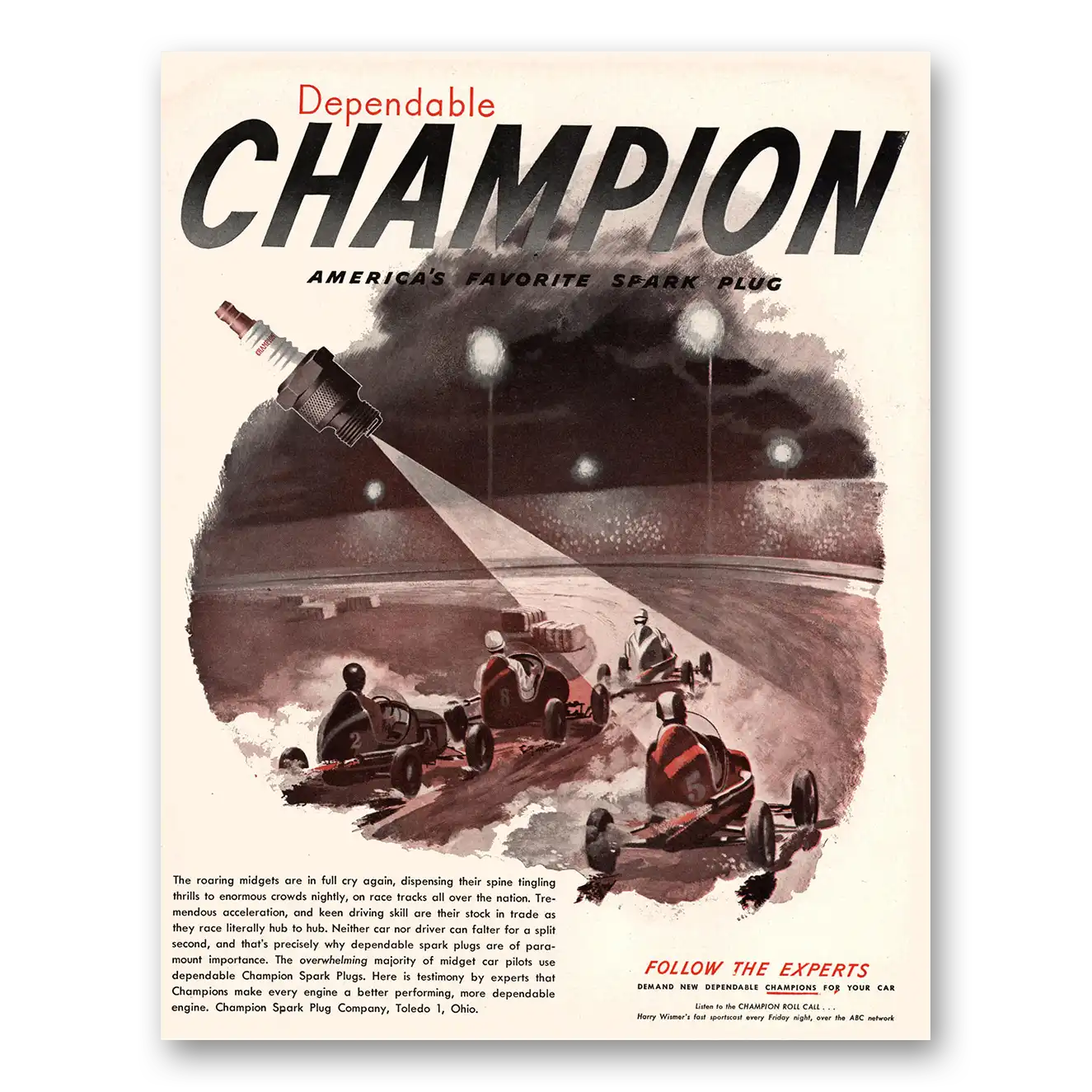 1947 Champion Spark Plugs Roaring Midgets Are in Full Cry Vintage Magazine Print Ad