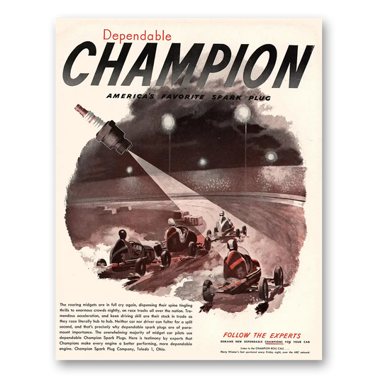 1947 Champion Spark Plugs Roaring Midgets Are in Full Cry Vintage Magazine Print Ad